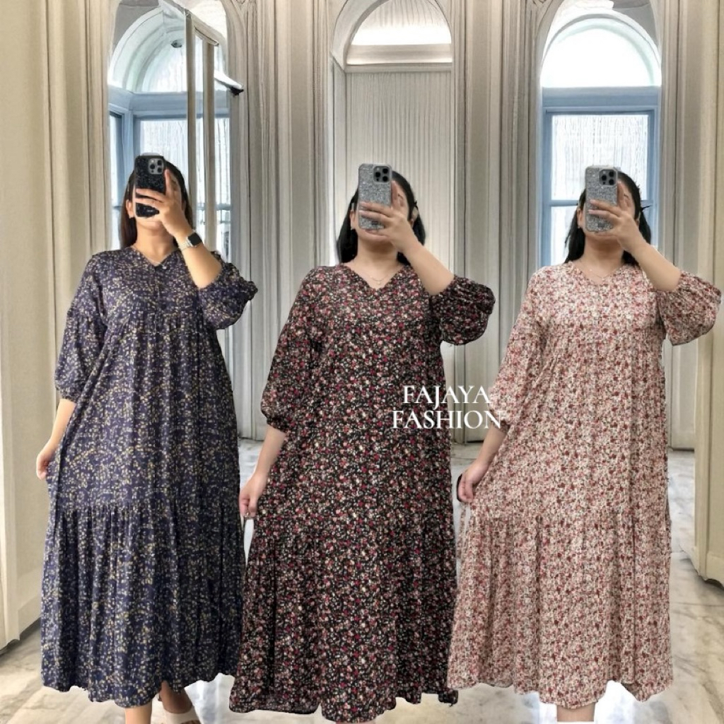 Lidiya Midi Dres Wanita Cantik Motif Bunga Jumbo Kekinian