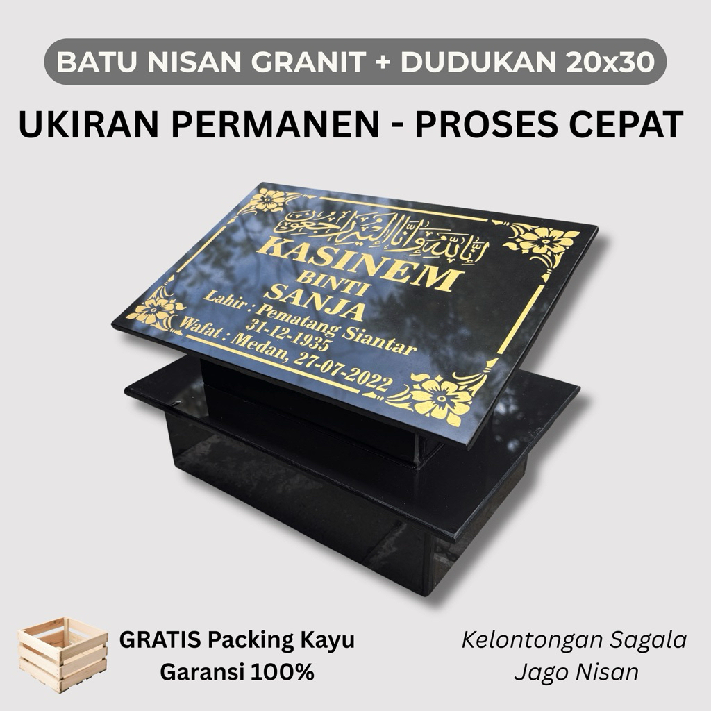 (Free Packing Kayu) Batu Nisan Dudukan Model datar ukuran 20x30 full granit Ukir Islam Kristen
