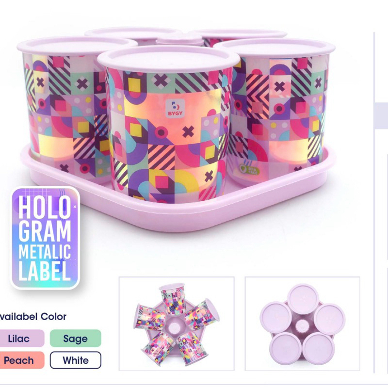 QLS Toples Cemilan Hologram 1200 ML Toples Makanan Lebaran 5 in 1 Toples Kue Tray Set dengan Tutup L