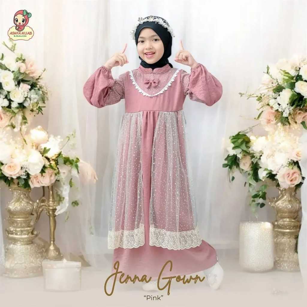 Gamis Anak Perempuan Usia 8-11 Tahun Jeena Kids Crinkle Import Brokat Mix Tille Raindrop Plus Renda 