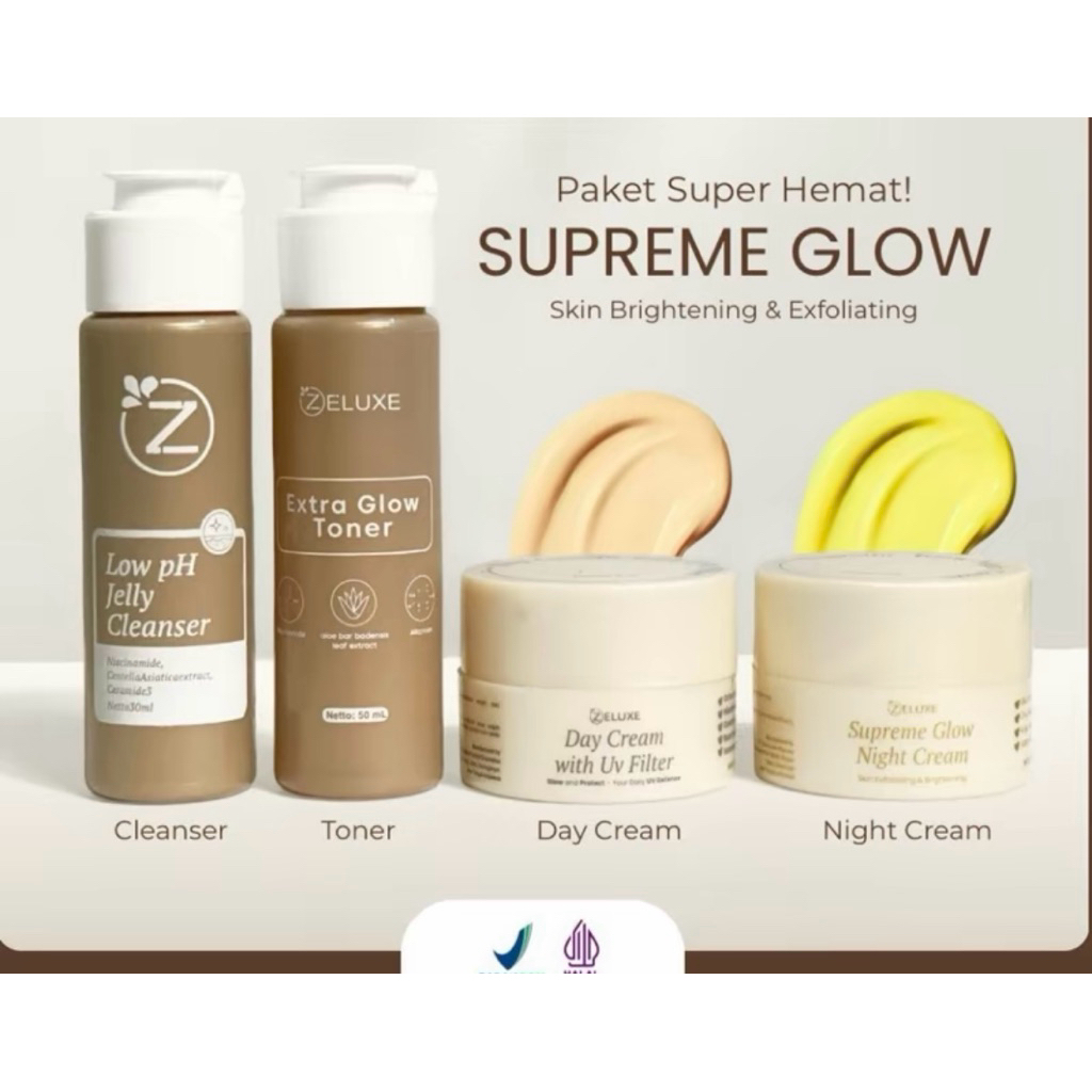 ZELUXE SUPREME GLOW BRIGHTENING PACKAGE PAKET PENCERAH EKSFOLIASI MENYAMARKAN BEKAS JERAWAT
