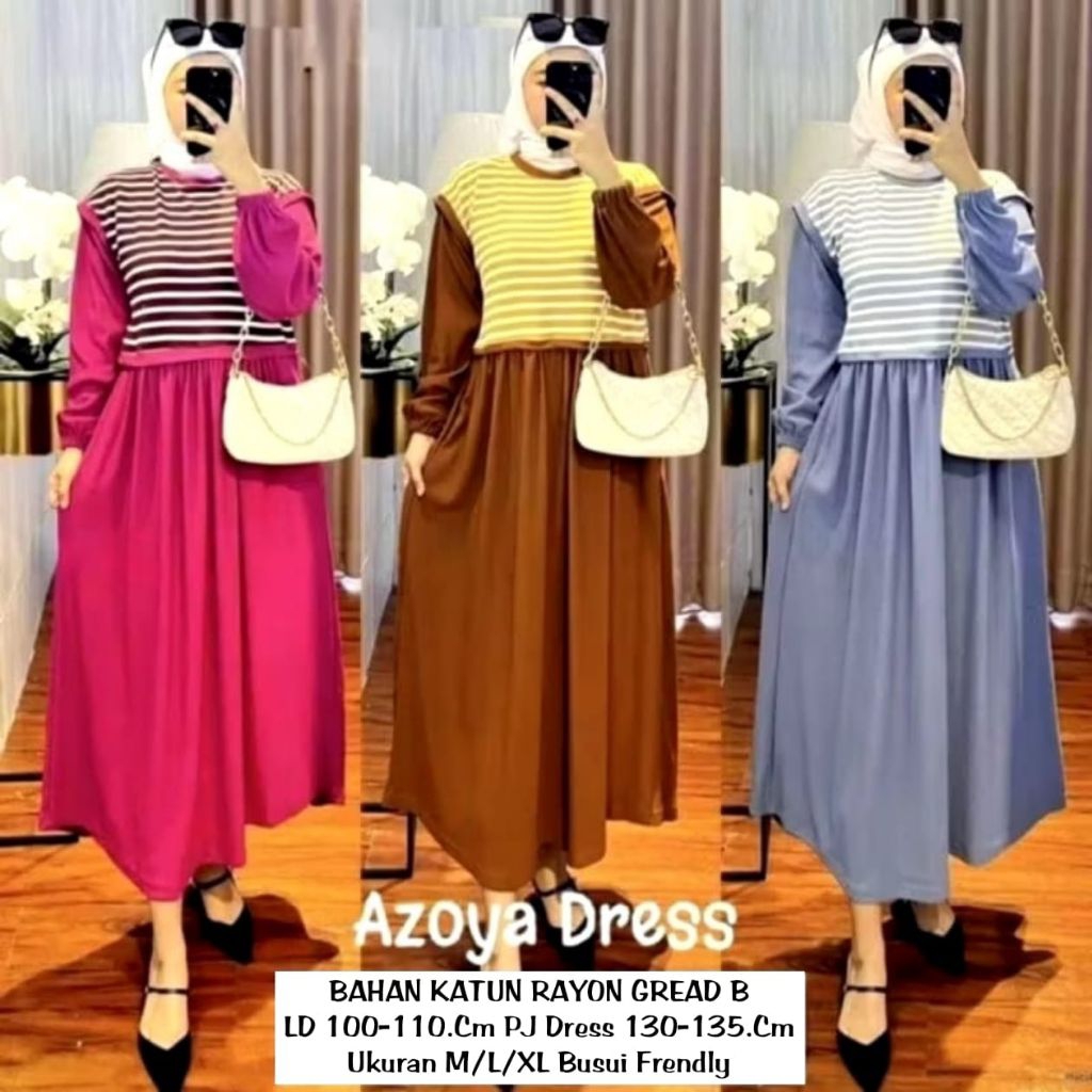 Azoya Midi Dress Gamis Salur Kombinasi Polos Gamis Katun Rayon Gamis Lebaran Model Terbaru Gamis Wan
