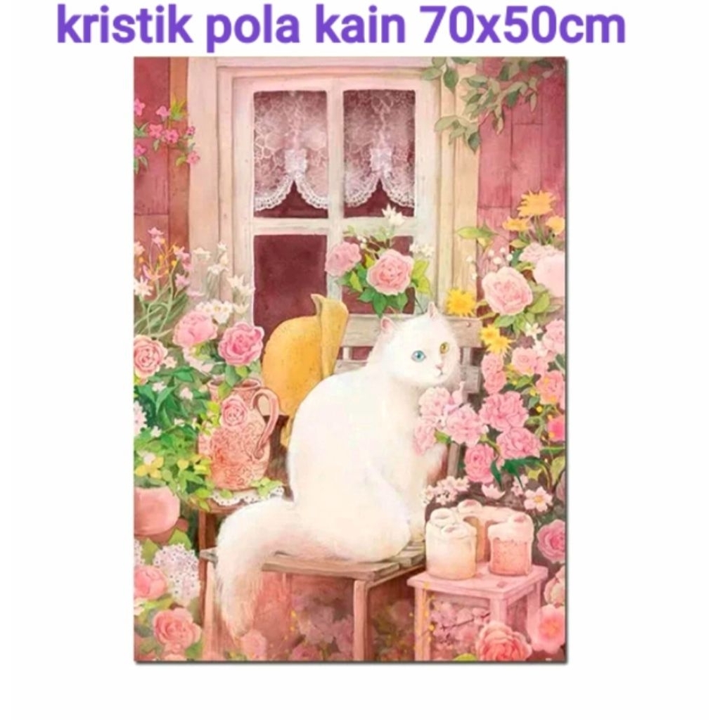 DIY PAKET KRISTIK KUCING DAN BUNGA MAWAR POLA KAIN CROSS STITCH KIT