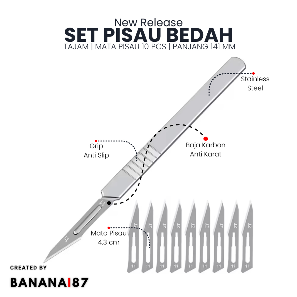 Scalpel Surgical Blades Pisau Bedah Nomor 11 Set 10 Pcs Baja Karbon + Gagang Stainless Steel Presisi
