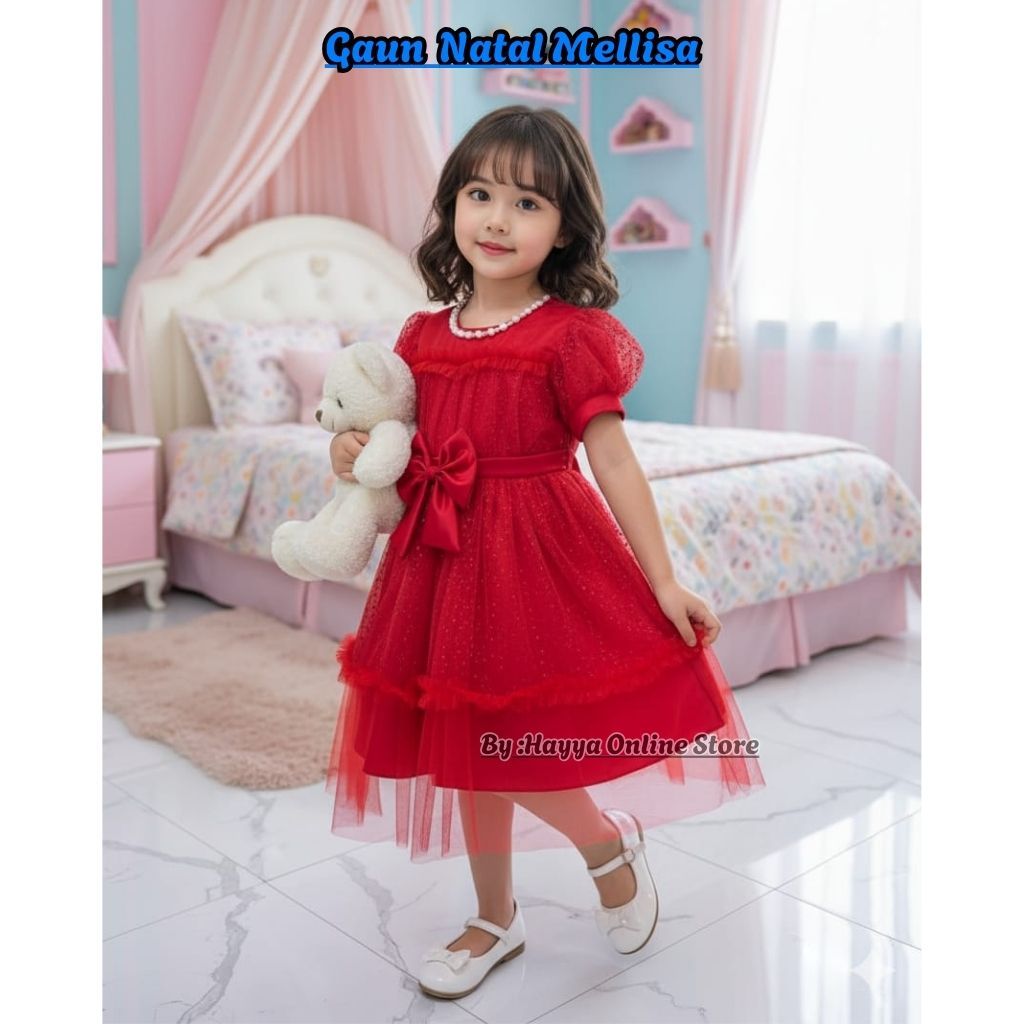 Dress Pesta Mellisa Anak Perempuan Usia 3-8 Tahun - Gaun Natal Anak Model Pita Kupu -Kupu Terbaru -B