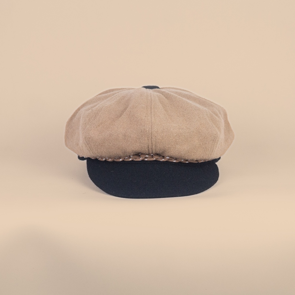 DIVINCES Newsboy Cap Sailor Fiddler Cream Black Wool - Topi Vintage Copet Peaky Blinders/ Tom Shelby
