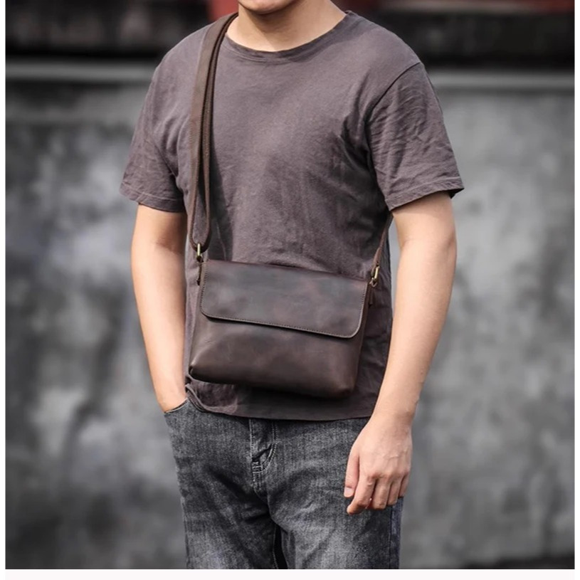 O-KING Tas Selempang Pria Kulit Asli Retro Kasual || Tas Selempang Pria Kulit Asli Simple Retro