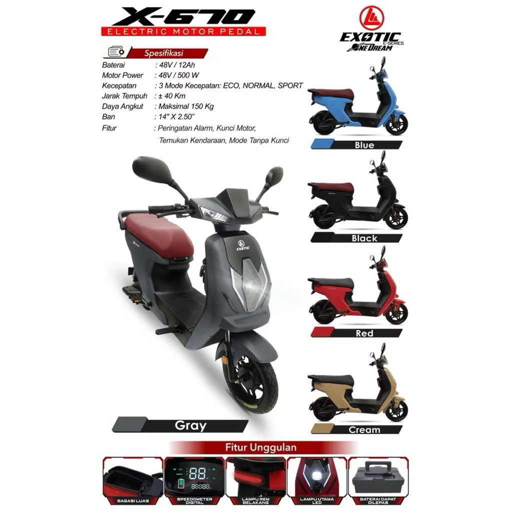 Sepeda Listrik Exotic X670 Elektrik Bike By Pacific Battery 500Watt