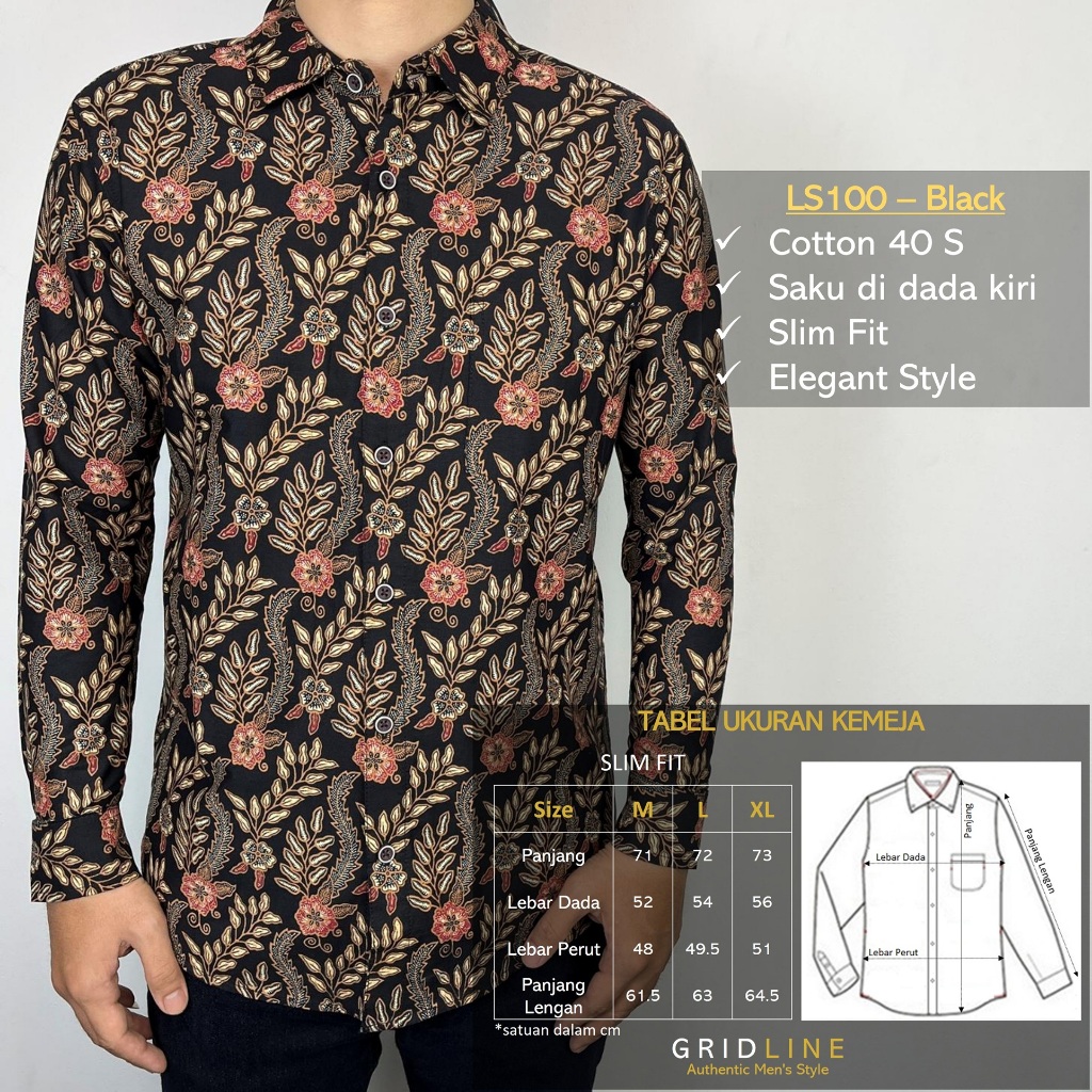 [GRIDLINE - LS100 Black] Kemeja Batik Slimfit Pria Lengan Panjang FULL KATUN Premium Baru