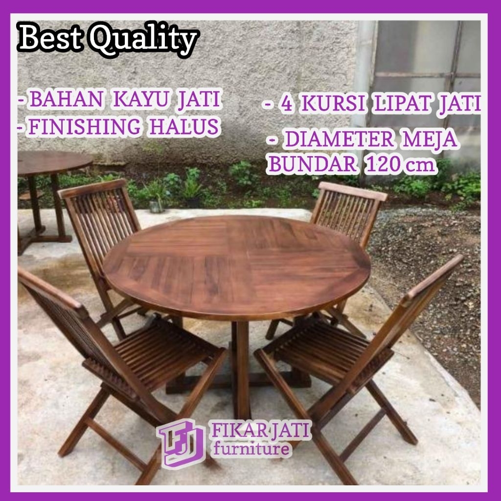 Meja Makan Cafe Minimalis Model Bulat Diameter 120cm Bahan Kayu Jati Jepara