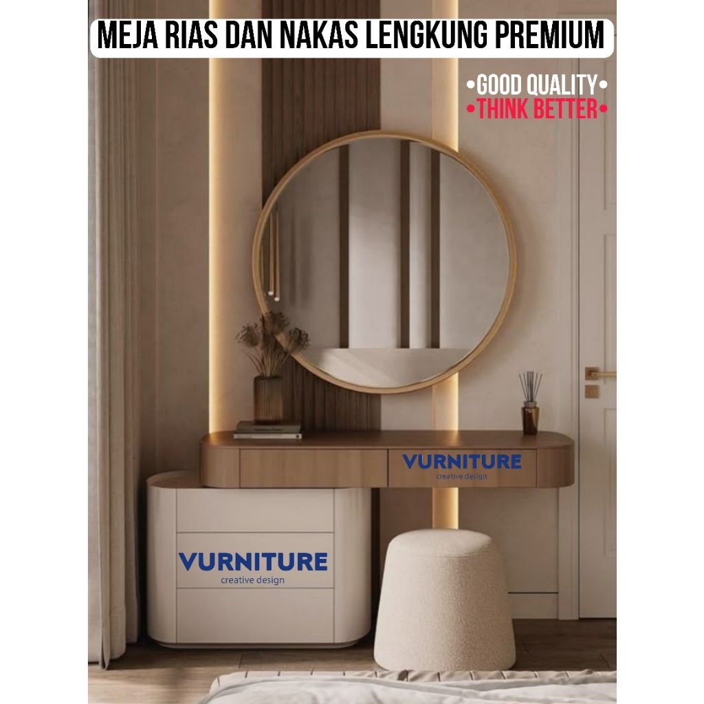 Meja rias dan nakas Lengkung PREMIUM minimalis Kombinasi putih serat kayu abu-abu