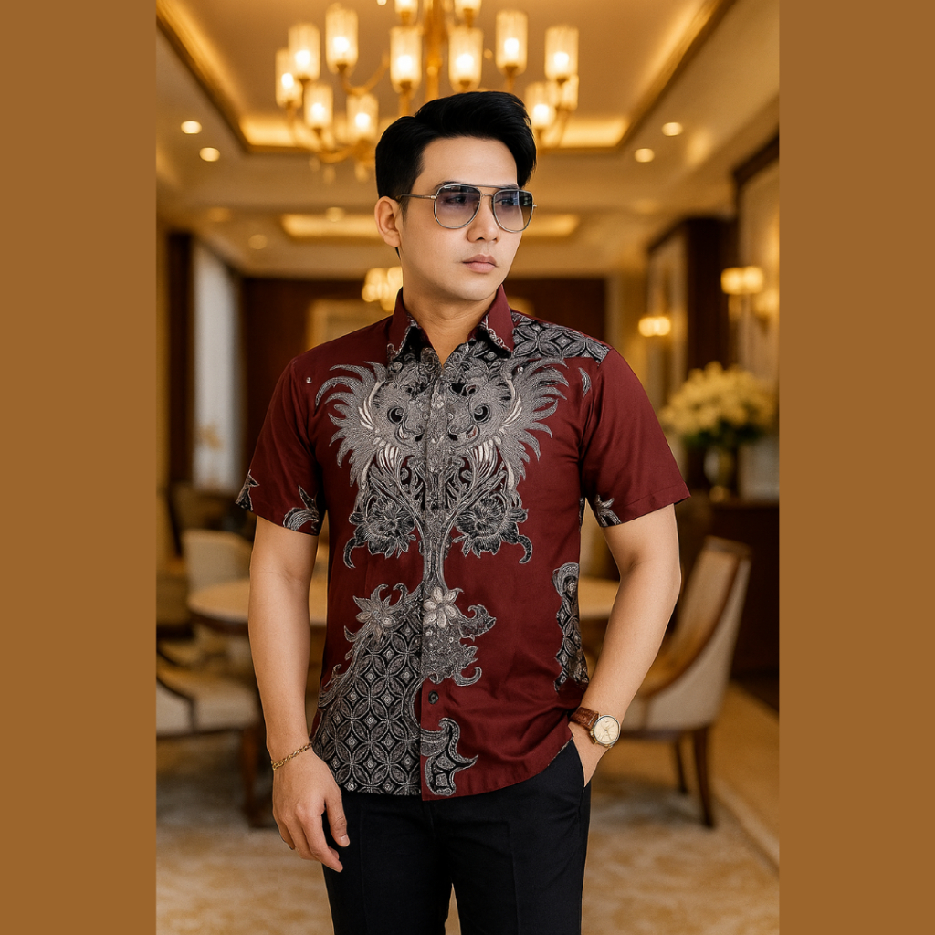 Kemeja Batik Lengan Pendek Warna Merah - Baju Batik Pria Warna Merah - Motif Terkini