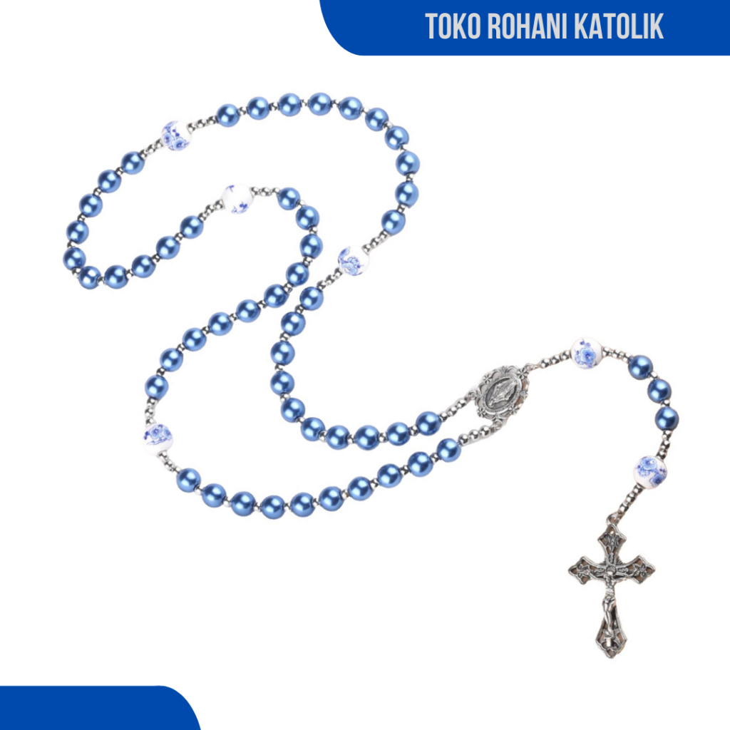 KALUNG ROSARIO BLUE GLOSSY – ROSARIO KALUNG KATOLIK MUTIARA SINTETIS 8MM / ROSARIO ASLI KONTAS
