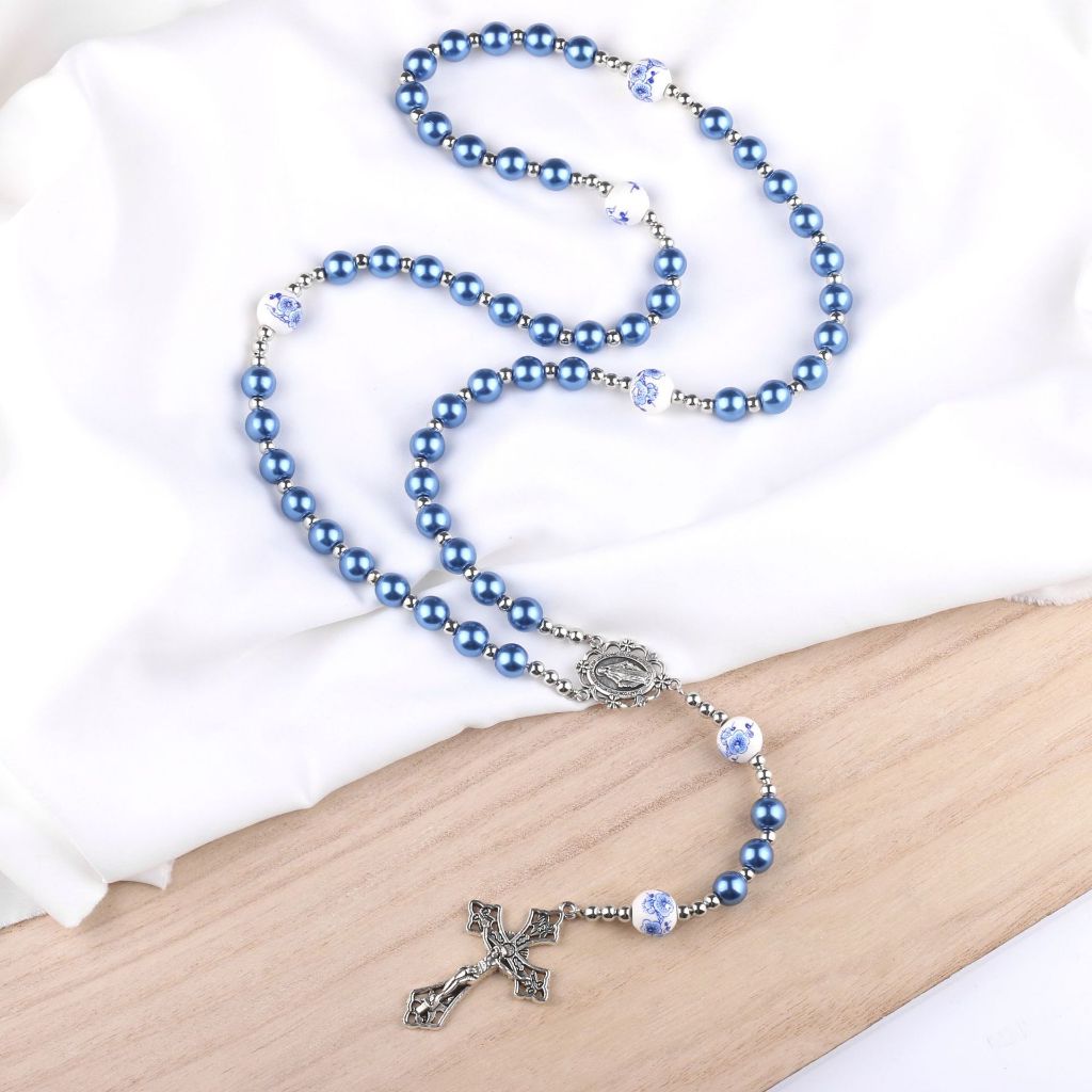 PROMO KALUNG ROSARIO BLUE GLOSSY ROSARIO KALUNG KATOLIK MUTIARA SINTETIS 8MM / ROSARIO ASLI KONTAS