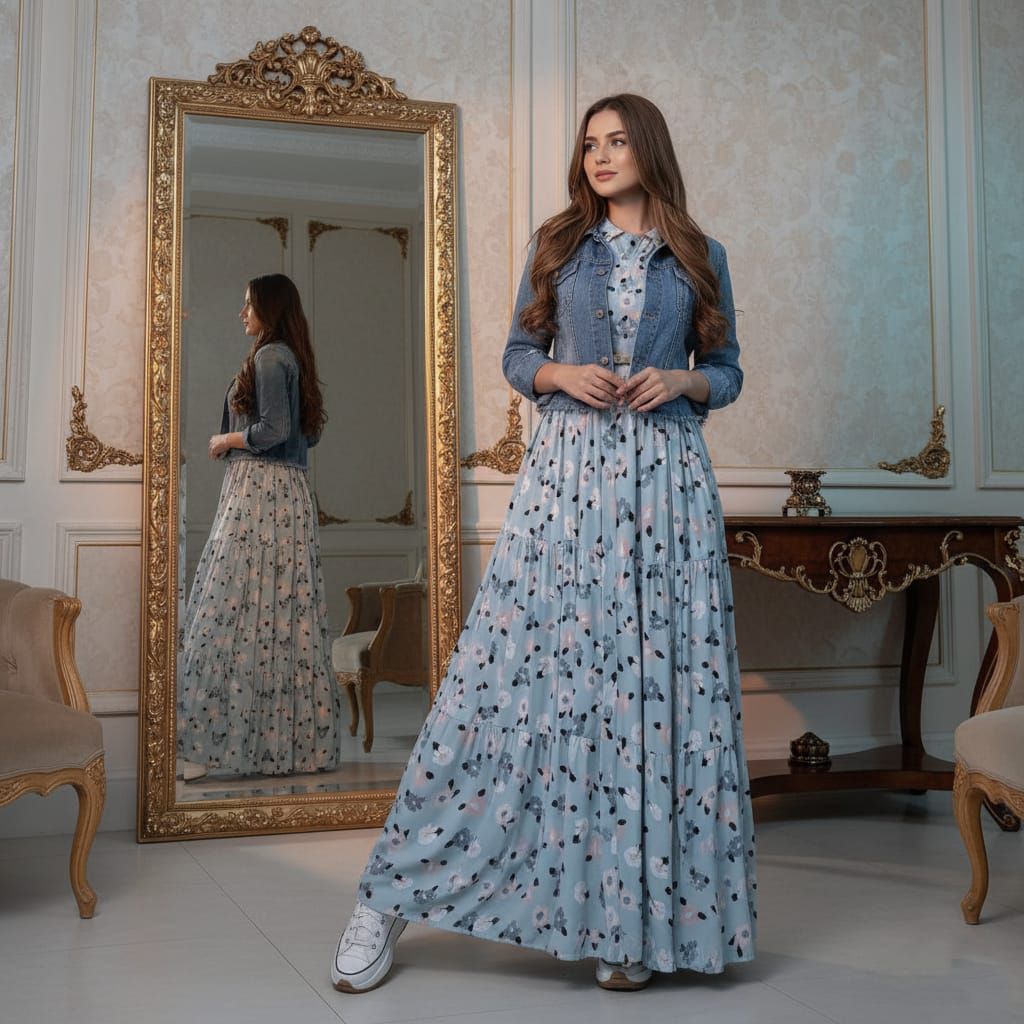 Gamis Flower Set Jaket One Set Dress Jaket Jeans Wanita Terbaru