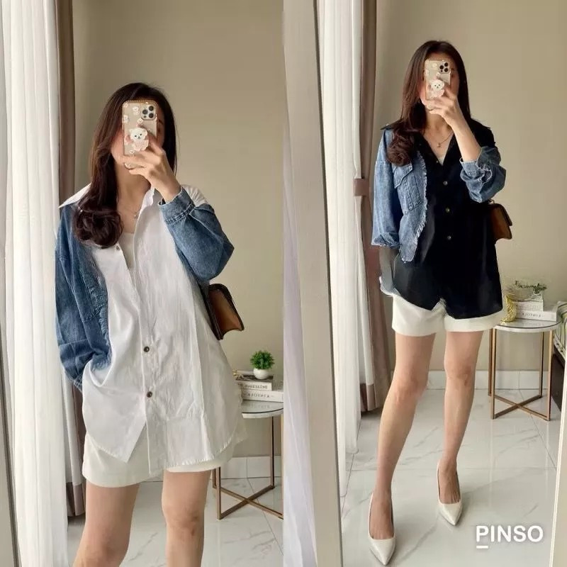 [ Deirly ] Kemeja Merah 17 Agustus Katun Kombinasi Denim Snow Rawis