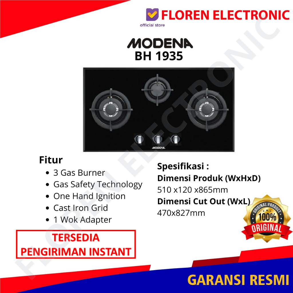 Modena Kompor Tanam BH 1935/BH1935 Kompor Tanam Gas 90cm 3 Tungku Garansi Resmi Modena