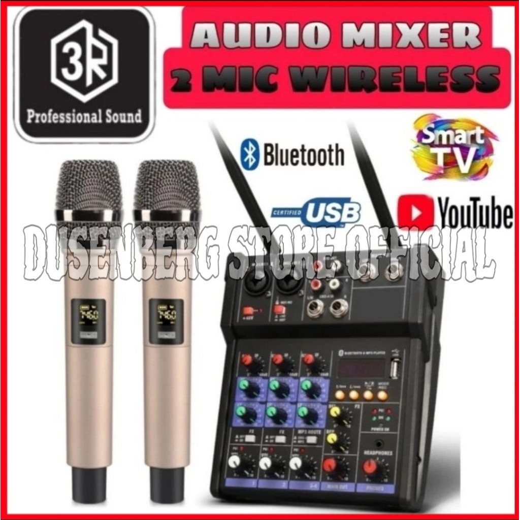Audio Mixer Professional Sound 3R Mixer 4 Channel Bluetooth 2 Mic Wireless