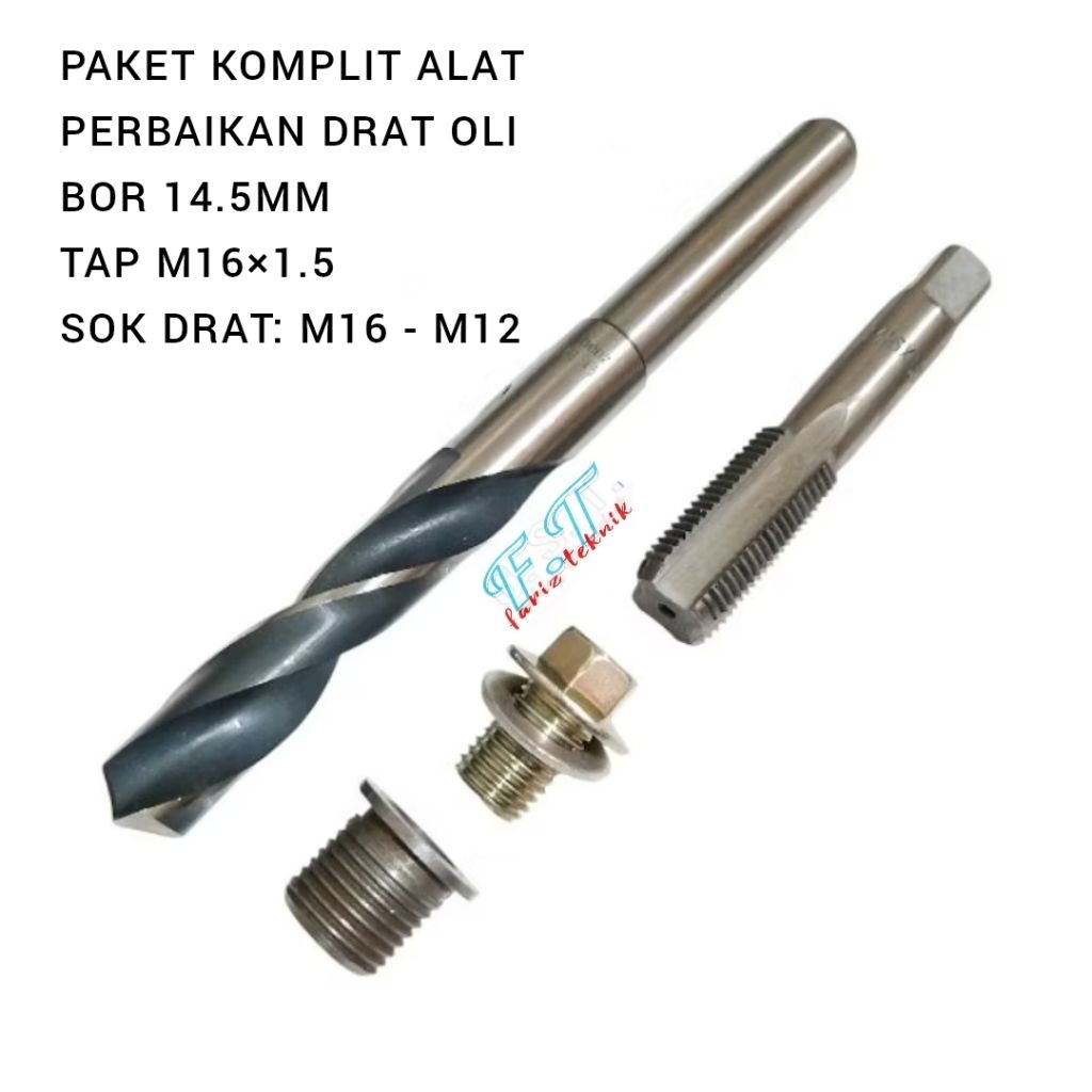 paket komplit alat perbaikan drat oli slek 2 kali motor honda yamaha tap m16×1.5 bor 14.5mm sok drat