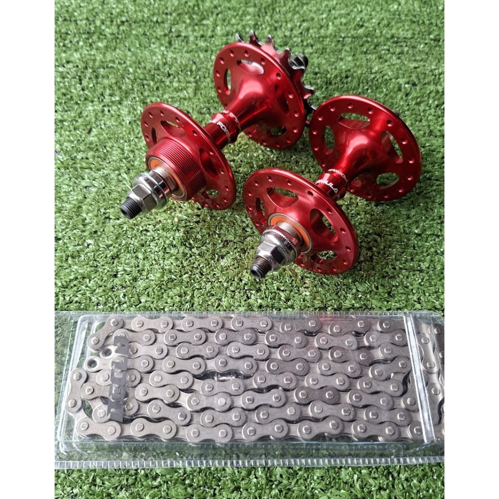 Paket Hub Freehub Formula 32H Pelor Cog Lockring Formula + Rantai Declo Single Speed Fixie BMX RED -