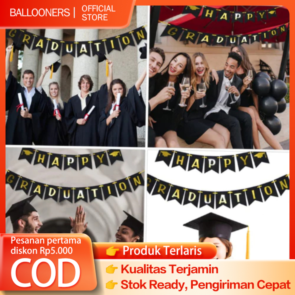 Banner Segilima Hitam Happy Graduation / Banner Kelulusan Wisuda Graduation Perlengkapan Dekorasi