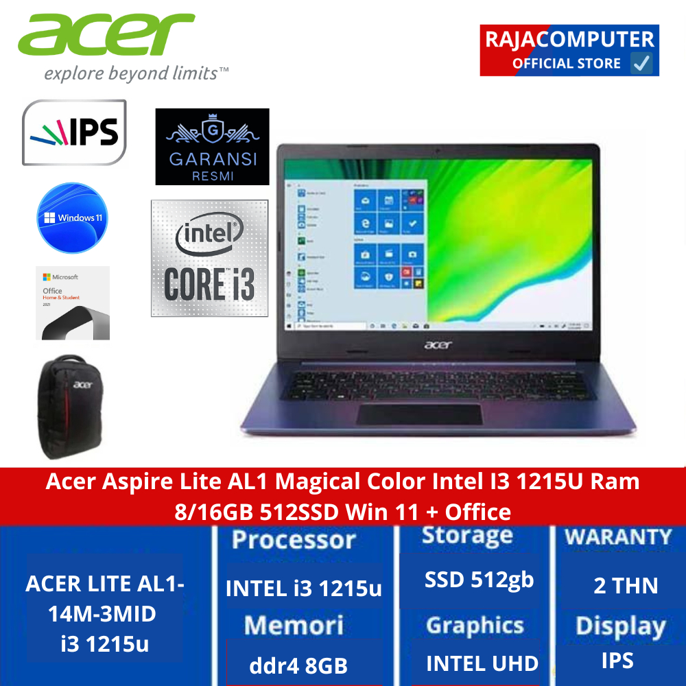 Acer Aspire Lite AL1 Magical Color Intel I3 1215U Ram 16GB 512SSD Win11 + ohs WUXGA IPS Backlight