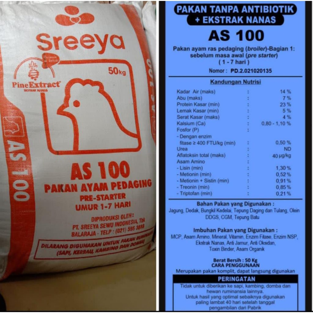 SREEYA AS100 PROTEIN 23% | PAKAN STARTER USIA 0-8 HARI | PAKAN AYAM MUDA/DOC | PAKAN AYAM PEDAGING