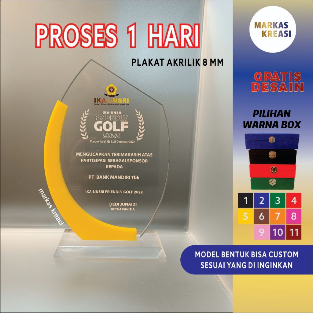 Plakat Akrilik Tebal 8 mm + Box, Plakat custom, Plakat Penghargaan, Akrilik Tebal 8 mm