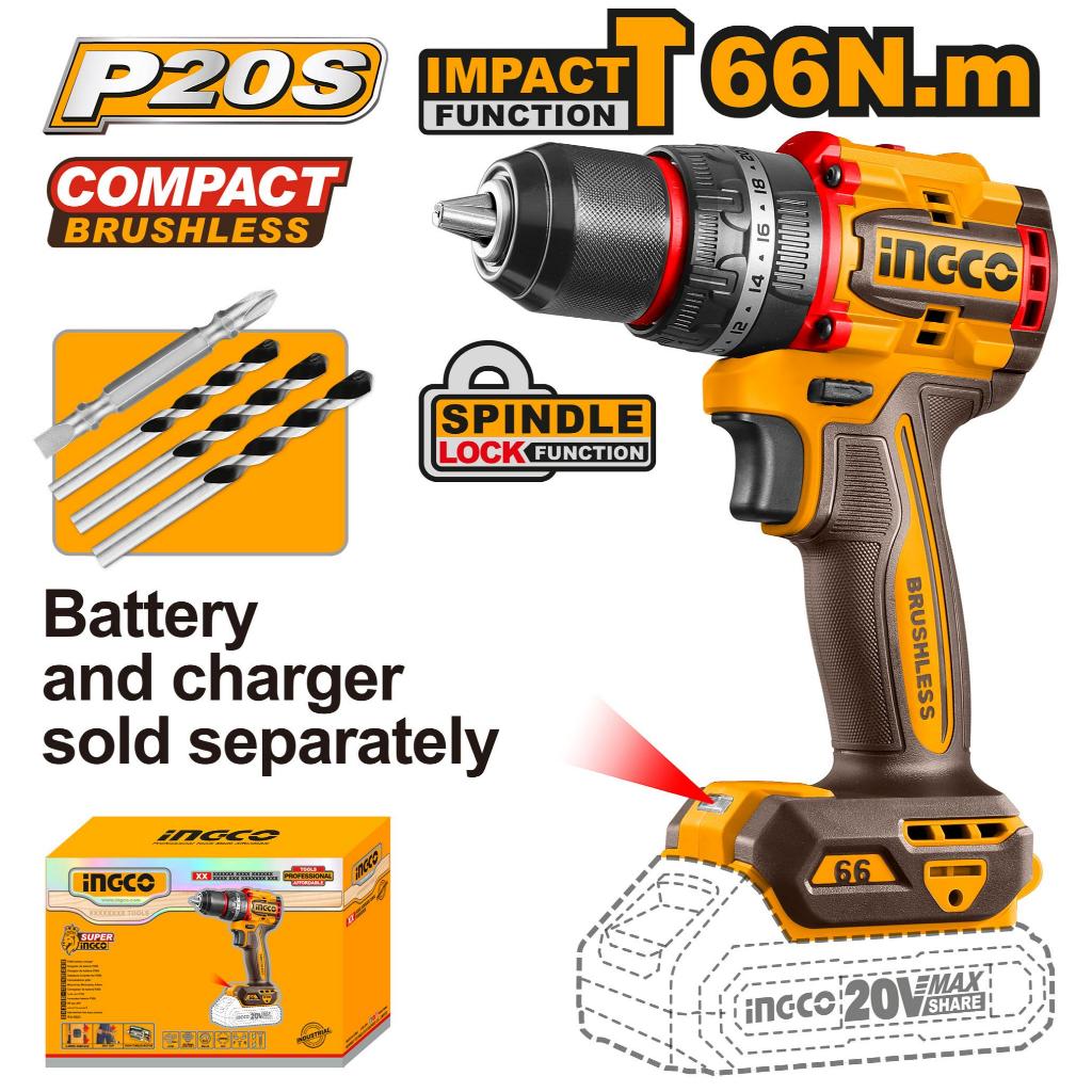 INGCO CIDLI206681 Mesin Bor Beton 13mm Baterai 66Nm Cordless Impact Drill P20S(UNIT ONLY)