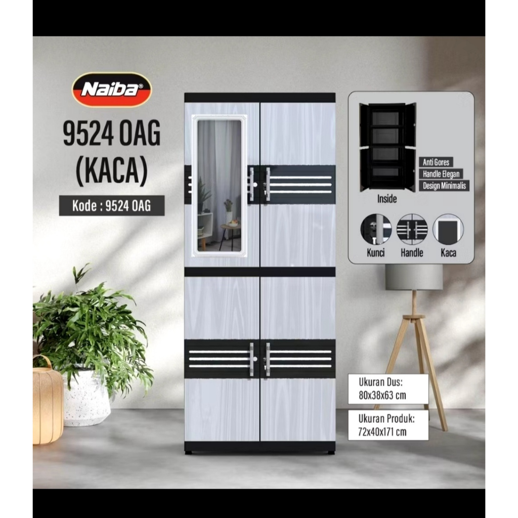Lemari Pakaian Plastik Naiba Fit Kaca 9524 MP / Lemari Plastik Motif Naiba