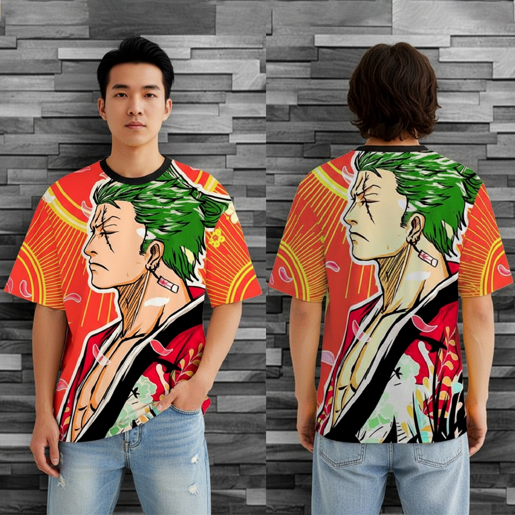 Kaos Oversize Pria One Piece Zoro Baju Kaos Distro Pria Katun Kaos Anime Cowok FullPrint Zazomde