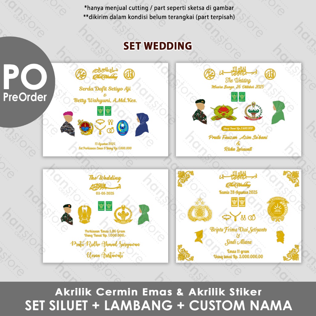 PO Set Wedding Mahar Custom Nama Siluet & Lambang TNI PERSIT ANGKATAN DARAT / LAUT / UDARA dll / Dek