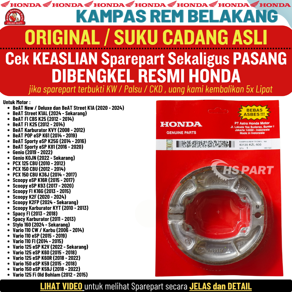 Kampas Rem Belakang Tromol Vario 125 150 Fi Old Led New Vario 160 Original Honda 100%