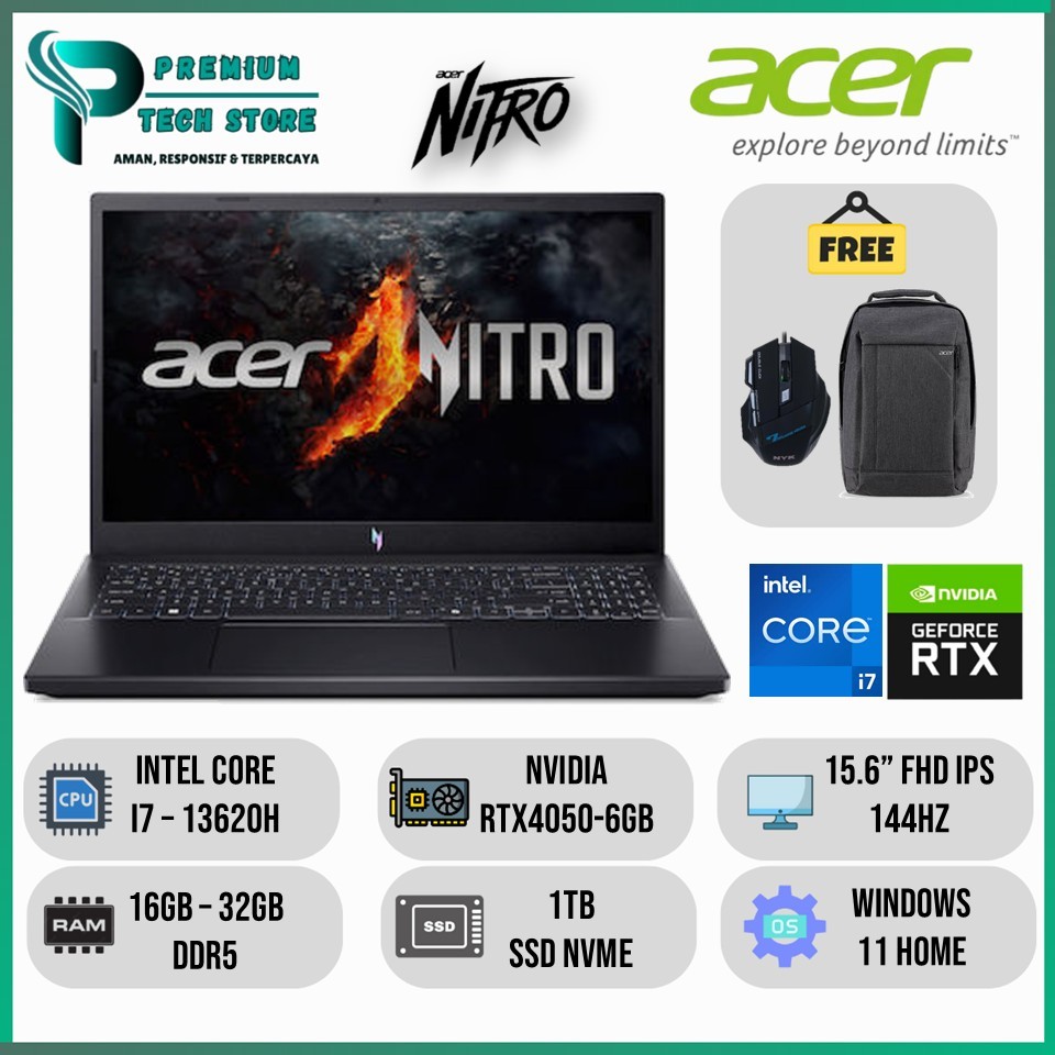 Laptop Acer Nitro V 15 ANV15 Intel i7 12650H RAM 64GB 2TB SSD RTX4050 FHD IPS 144Hz Windows 11