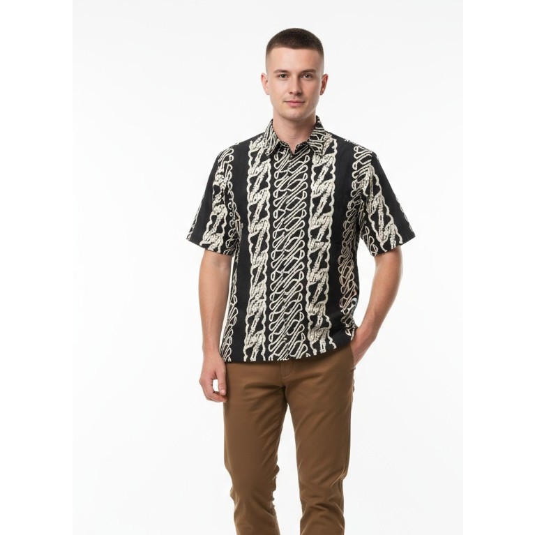 Kemeja Hem Batik Pria Lengan Pendek Hitam Putih 41 - Batik Nulaba