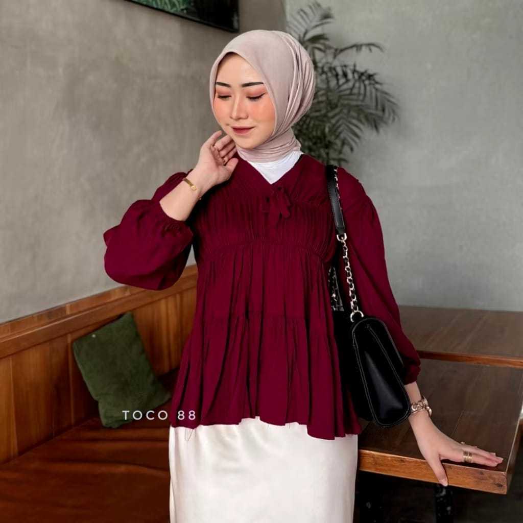 Mireya Blouse Kerut Rayon Atasan wanita Polos Lengan Panjang - Kemeja Wanita Polos