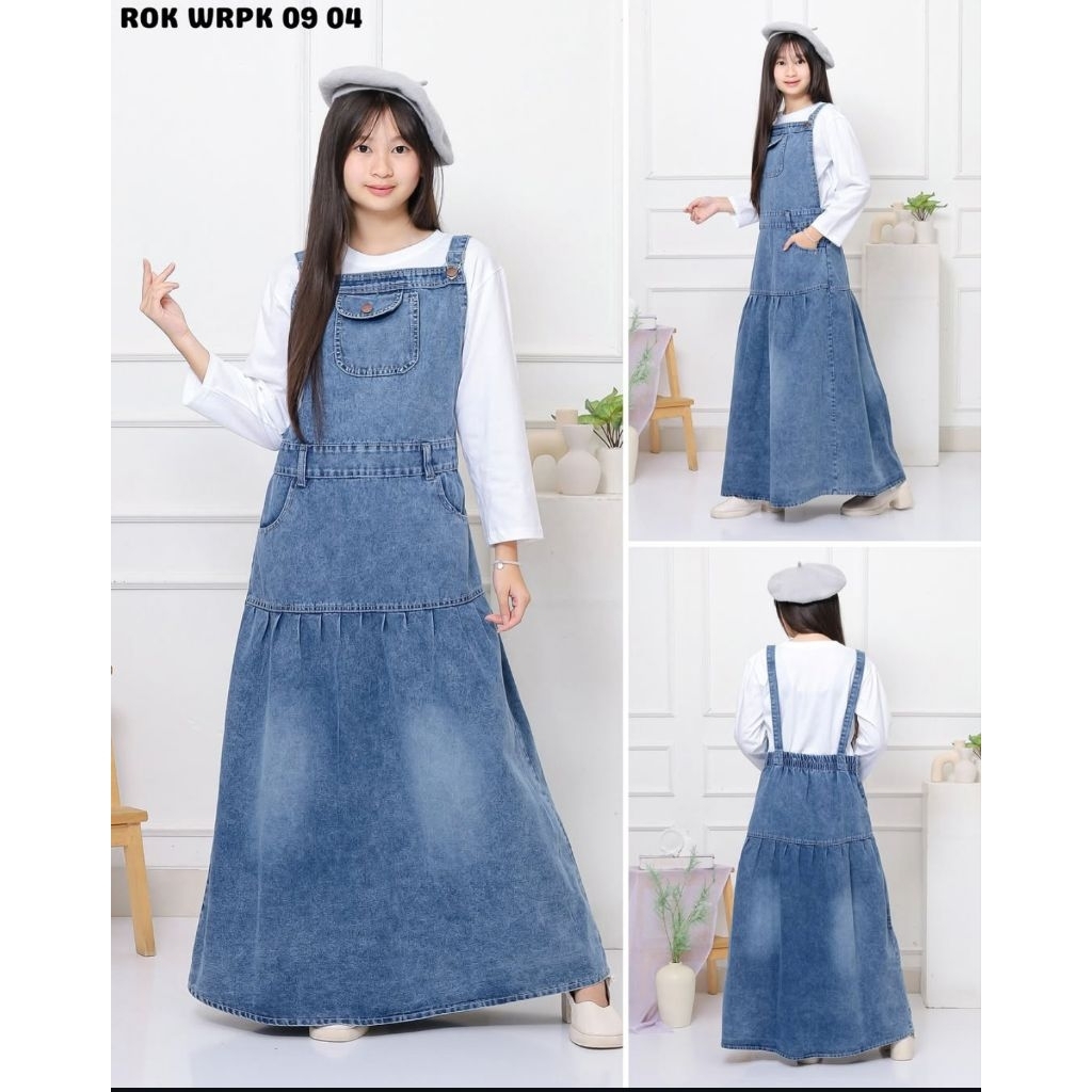 Rok jeans wearpack / rok kodok panjang anak perempuan 6-14 tahun