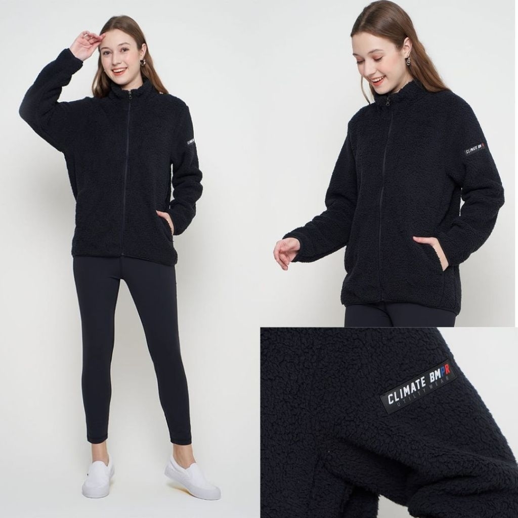 S N N  BUMPER  Women Jacket Fleece Full Resleting Jaket Wanita Hitam