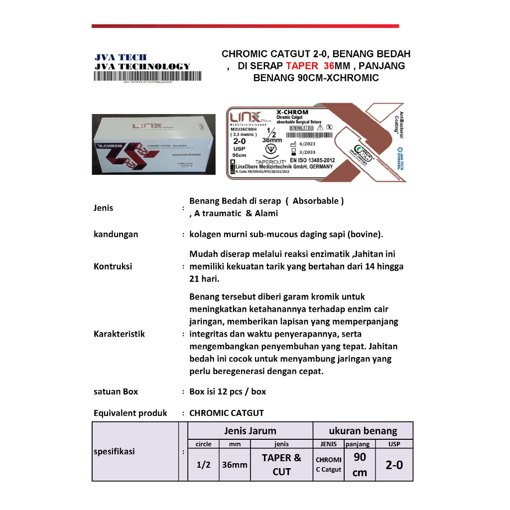 CHROMIC CATGUT 2-0, BENANG BEDAH GERMANY  , DI SERAP TAPER 36MM , PANJANG BENANG 90CM-XCHROMIC