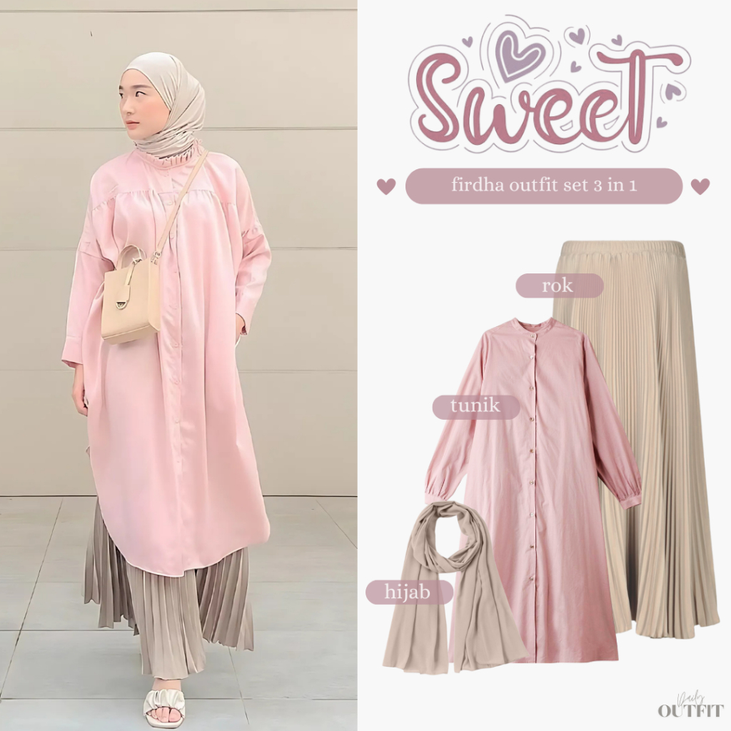 Outfit Wanita Hijab Kekinian ( Tunik + Rok Plisket + Pashmina ) One set Ootd 3 in 1 Firdha