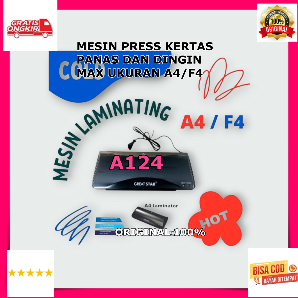 A124 MESIN LAMINATOR LAMINATING PRESS KERTAS PLASTIK PRES DOKUMEN ORI 100% PANAS DINGIN MAX UKURAN A