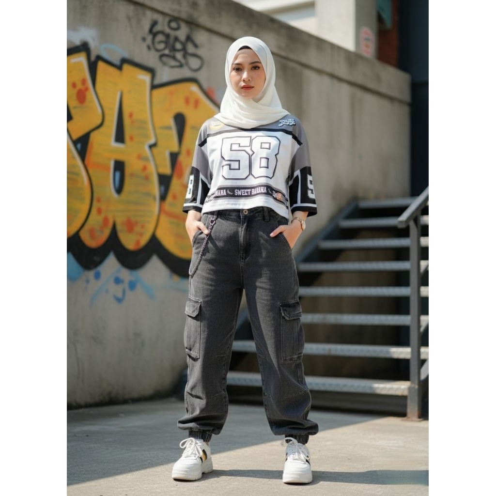Jersey Crop Top Mix Hijab Sweet Banana | Baju Jersey Wanita Oversize Crop Top | Kaos Jersey Wanita |