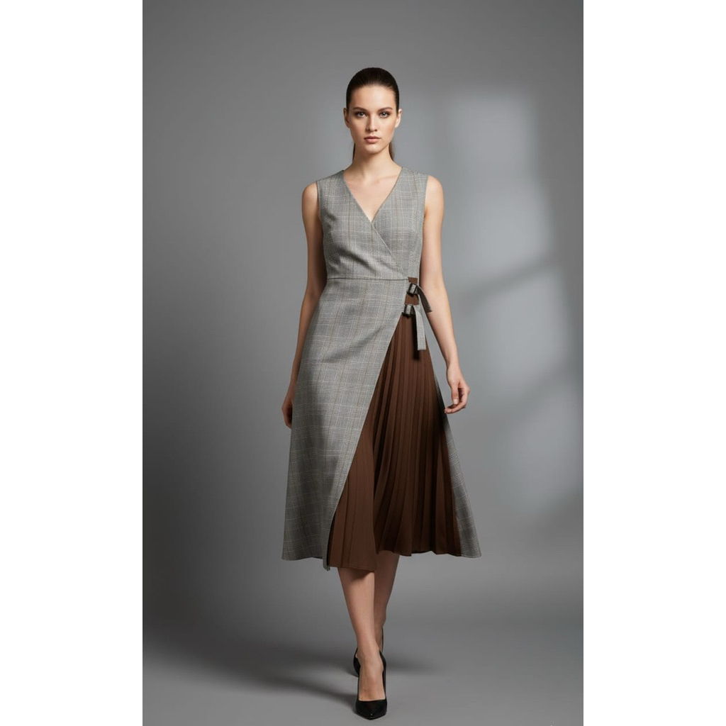 PLAID PLEATES BELTED COAT DRESS