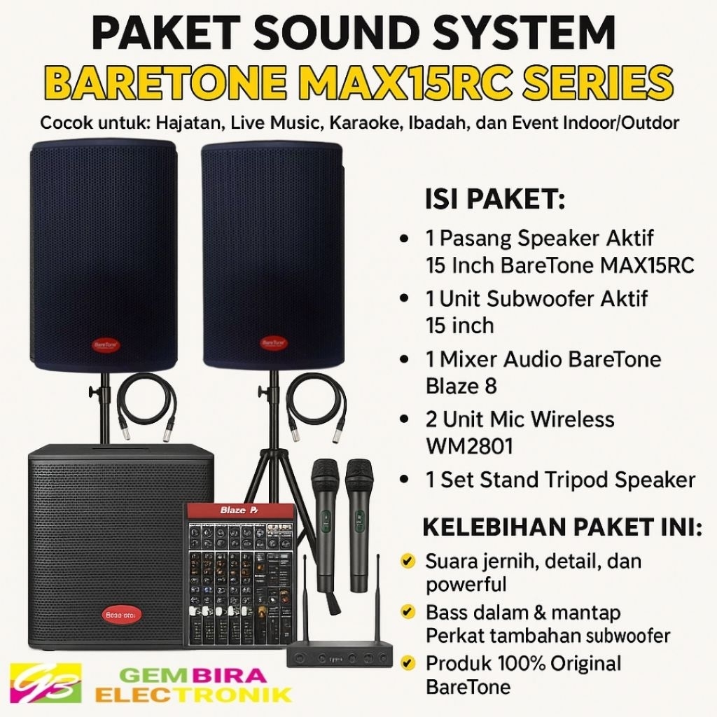 Paket Audio Karaoke & Hajatan Speaker Aktif BareTone MAX15RC 15 Inch + Subwoofer Baretone SW15 + Mix
