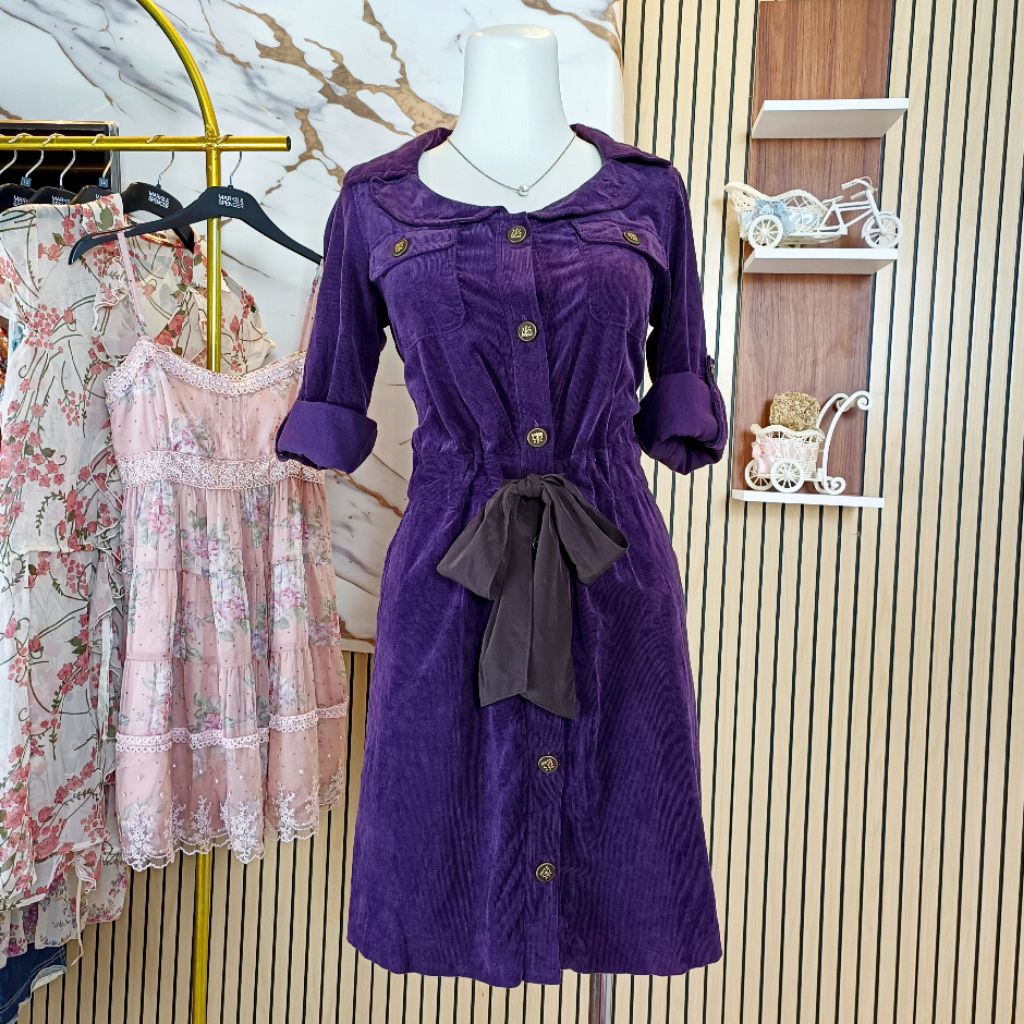Korean Vintage Style - Corduroy Dress Purple | Classic Elegant Look | FAVORI Original