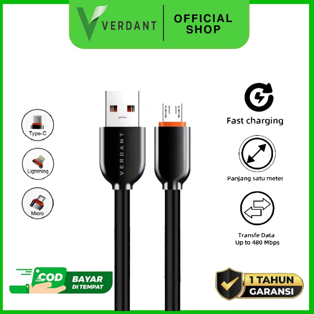 KABEL DATA USB MICRO, TYPE C, LIGHTNING CABLE 3A QC3.0 SUPER FAST CHARGING 120W BY VERDANT