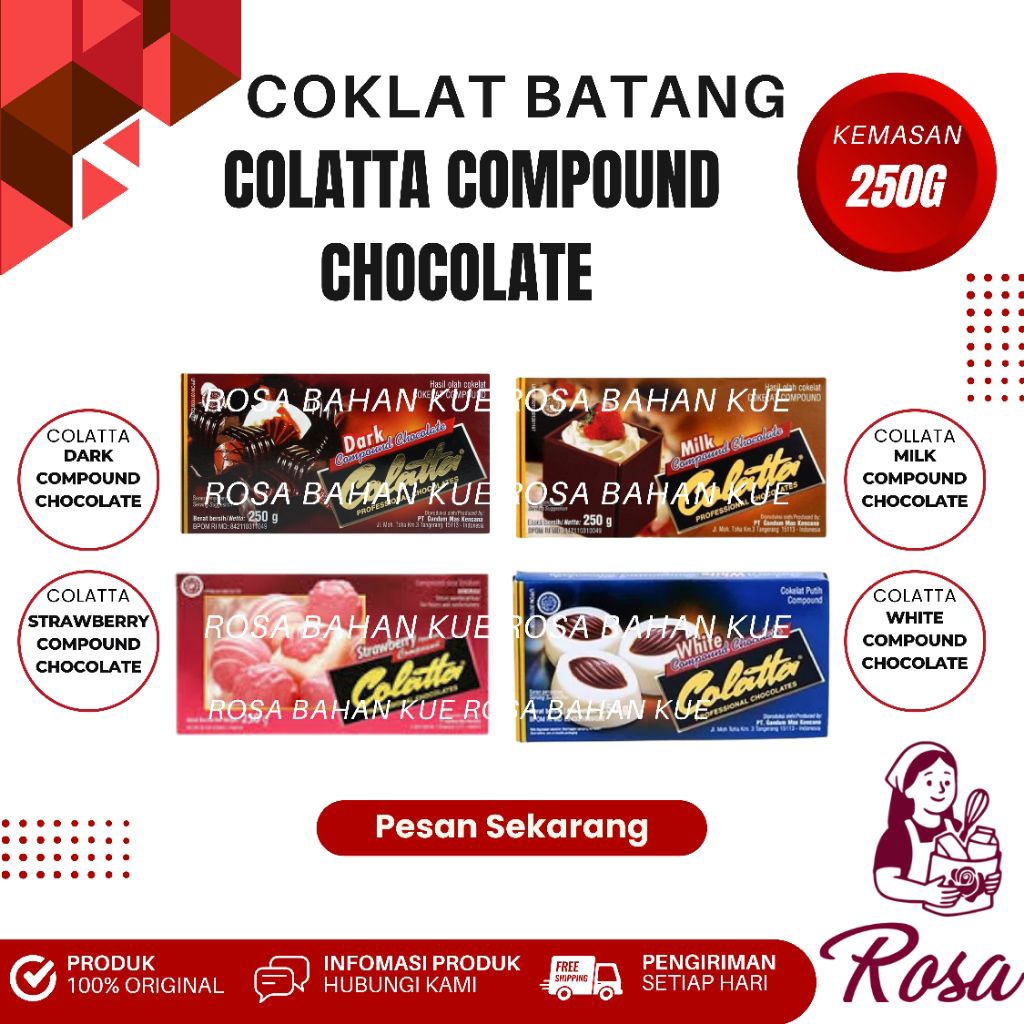 Colatta Coklat Batang Compound 250 g – Dark, Milk, Strawberry & White untuk Kue & Dessert