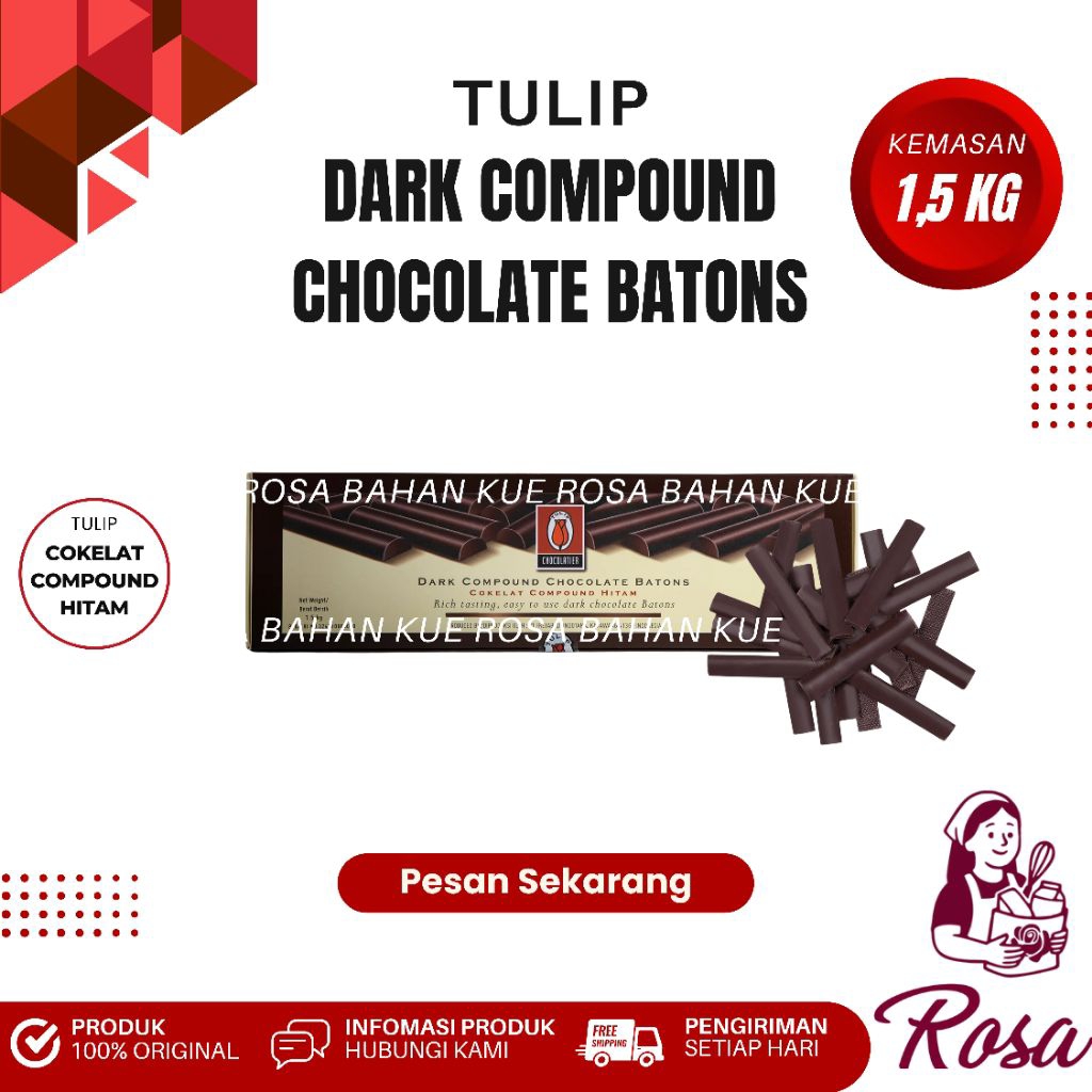 Tulip Dark Coklat Batang Batons Compound 1,5 kg – Untuk Kue, Roti & Dessert