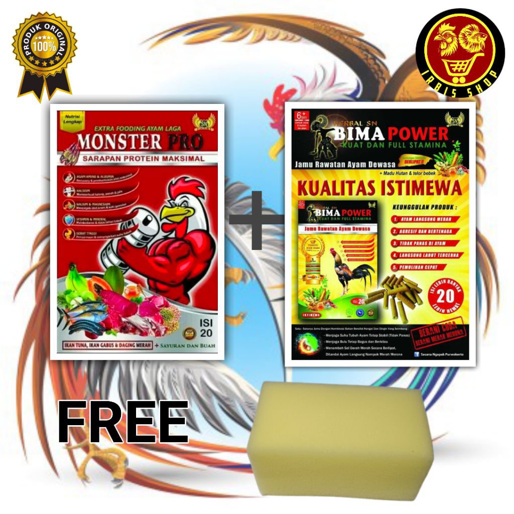 paket rawatan ayam super  monster pro+Bima power  gratis spon