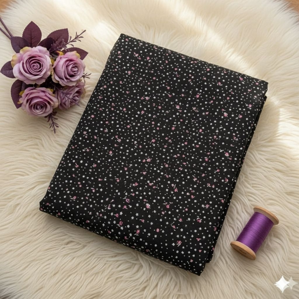 Kain Ceruty Motif Polkadot Bunga Hitam Putih Merah – Bahan Jahit Dress, Gamis, Hijab Elegan Aj